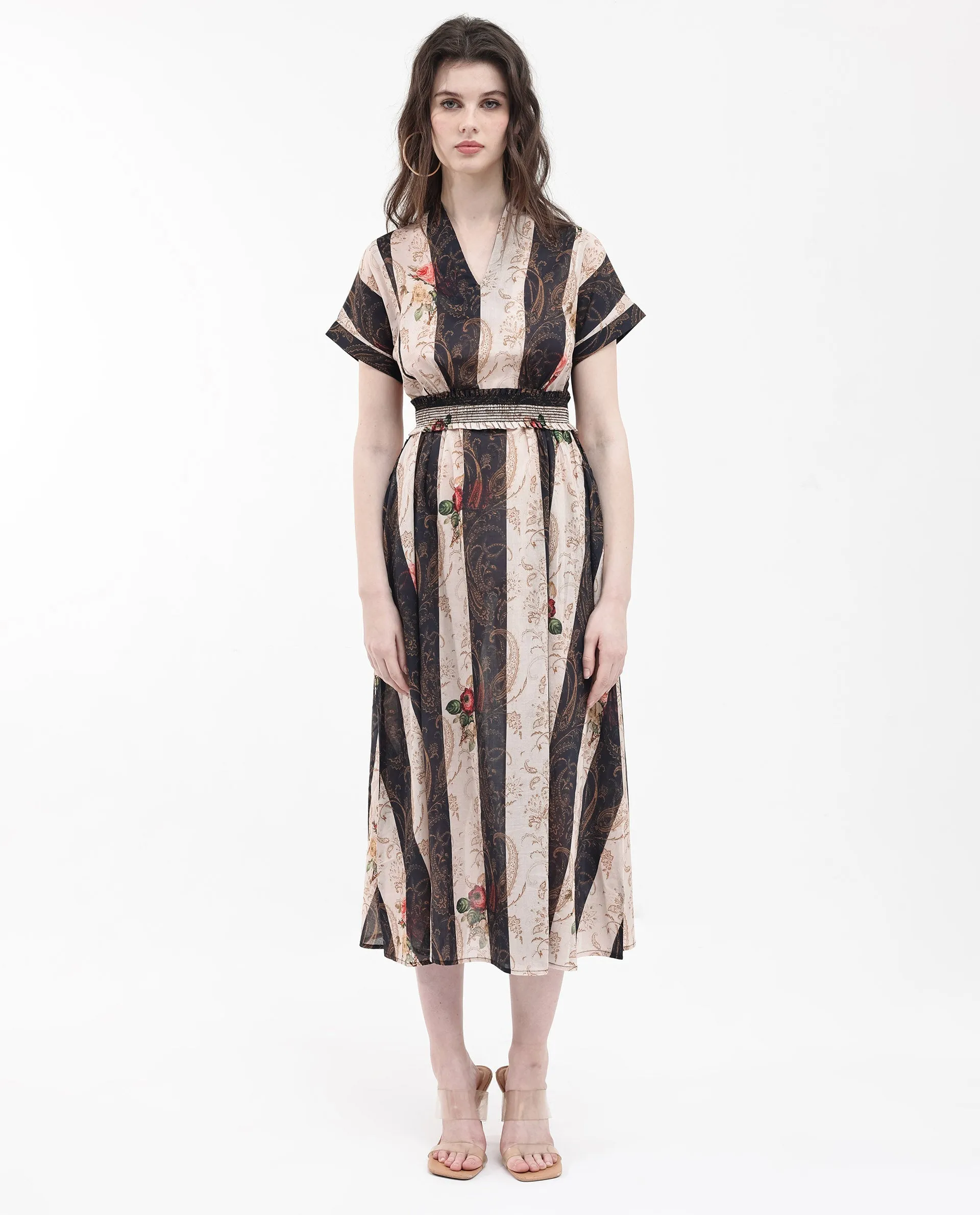 Rareism Women Frost Olive Cotton Fabric Short Sleeve Collared Neck Floral Print Longline Dress